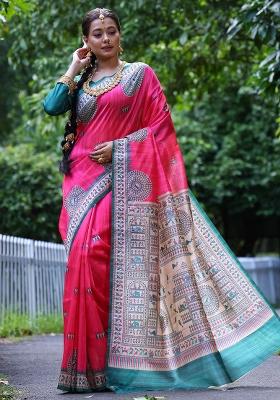 Pink Embroidered Silk Saree Set