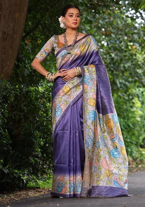Purple Embroidered Silk Saree Set