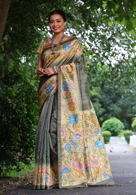 Grey Embroidered Silk Saree Set