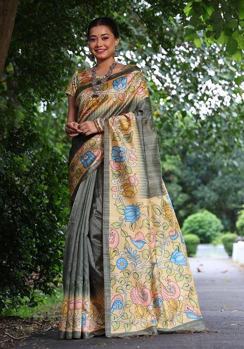 Grey Embroidered Silk Saree Set