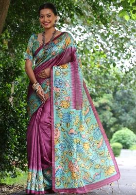 Wine Embroidered Silk Saree Set