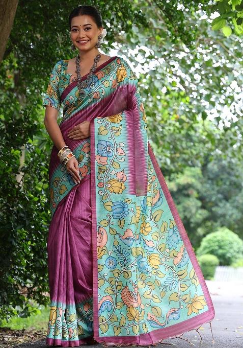 Wine Embroidered Silk Saree Set