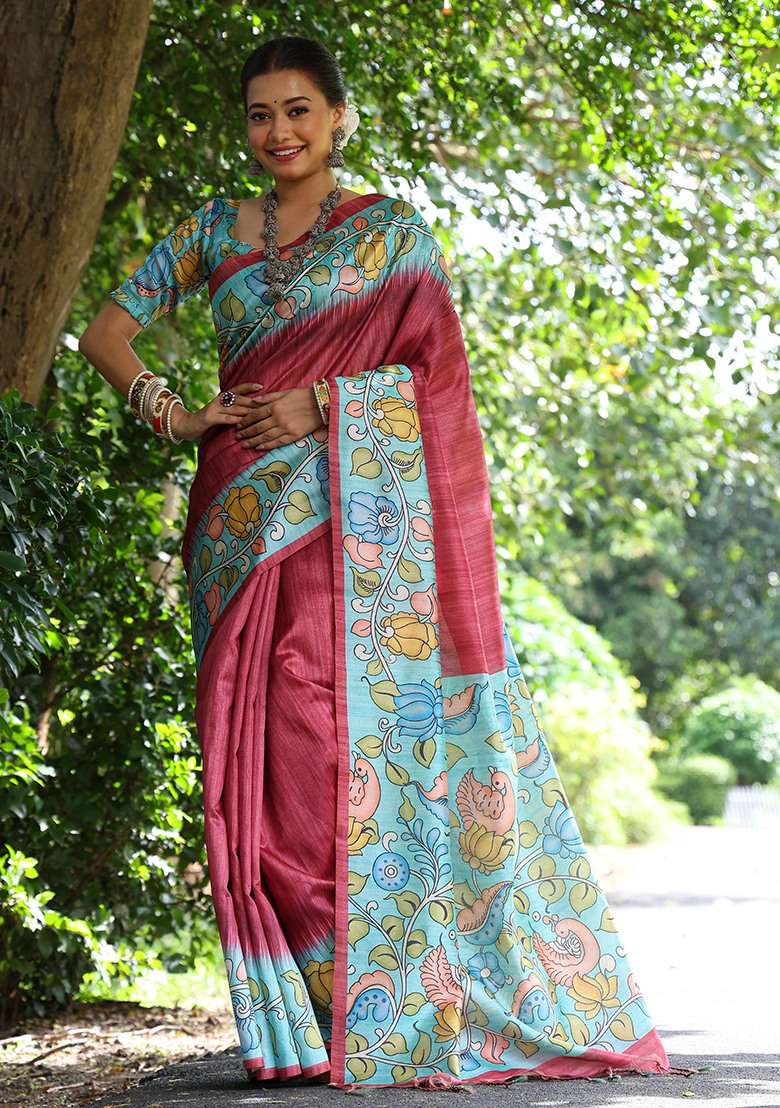 Red Embroidered Silk Blend Saree Set - Indya