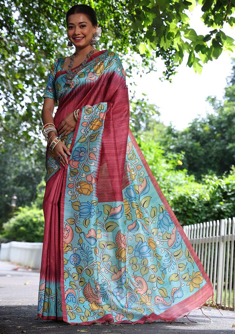 Red Embroidered Silk Blend Saree Set - Indya