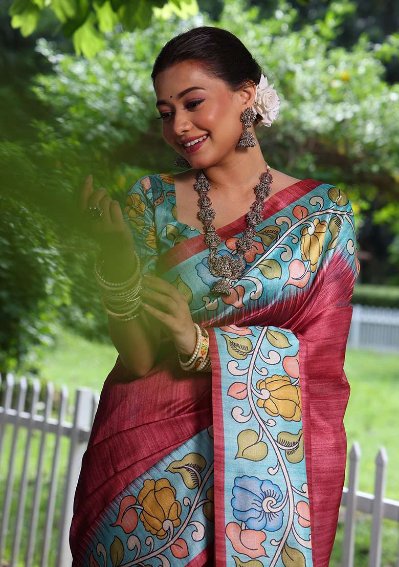 Red Embroidered Silk Blend Saree Set - Indya