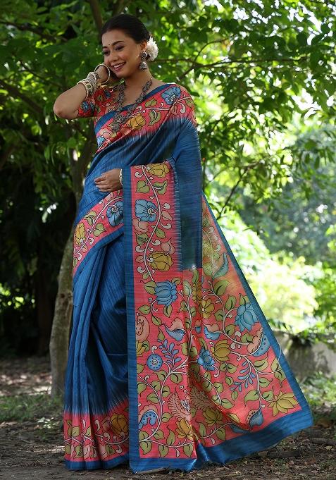 Blue Embroidered Silk Saree Set
