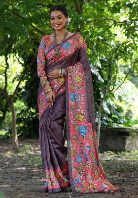 Pink Embroidered Silk Saree Set