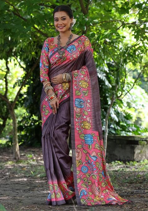 Pink Embroidered Silk Saree Set