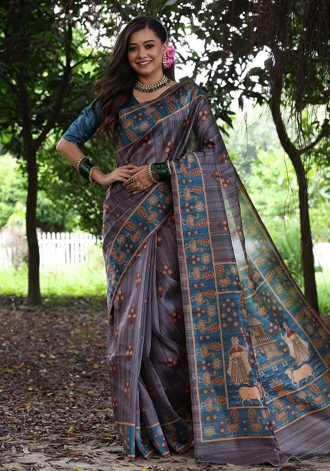 Grey Embroidered Silk Saree Set