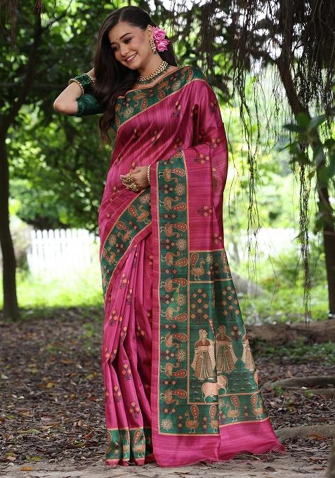 Magenta Embroidered Silk Saree Set