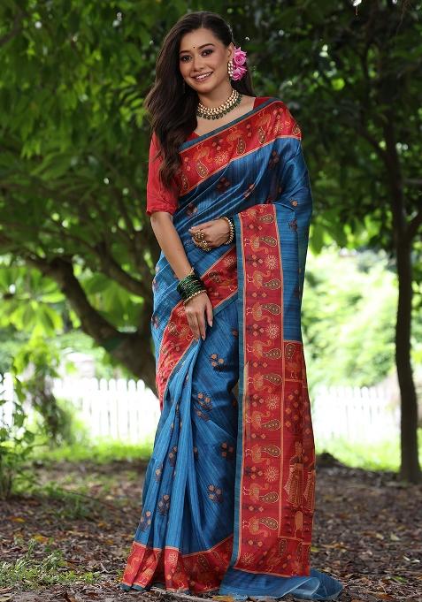 Blue Embroidered Silk Saree Set