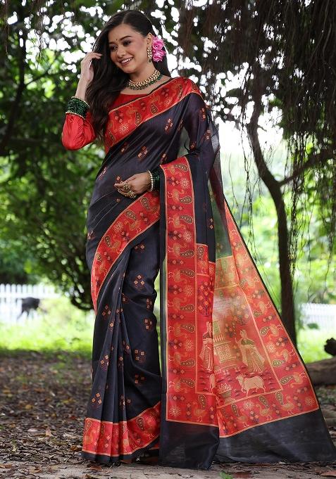 Black Embroidered Silk Saree Set