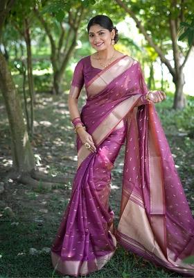 Purple Embroidered Silk Saree Set