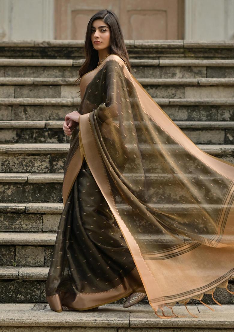 Mehendi Embroidered Silk Saree Set