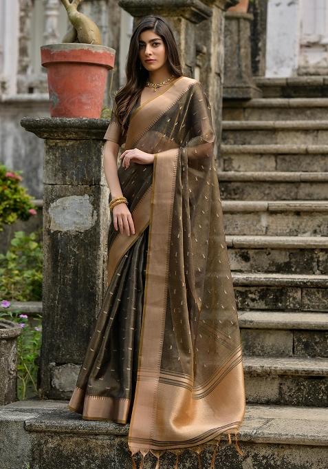 Mehendi Embroidered Silk Saree Set