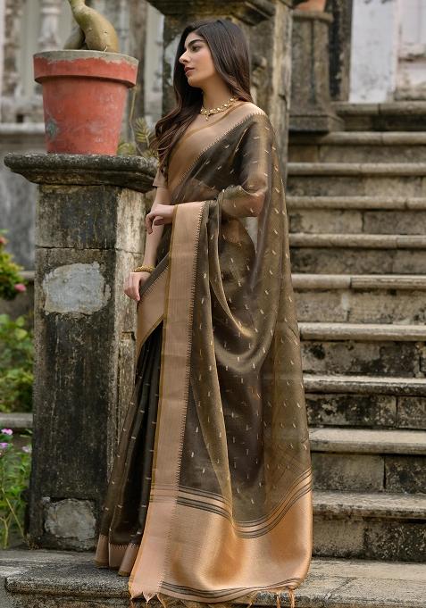 Mehendi Embroidered Silk Saree Set