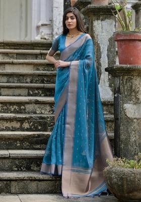 Sky Embroidered Silk Saree Set