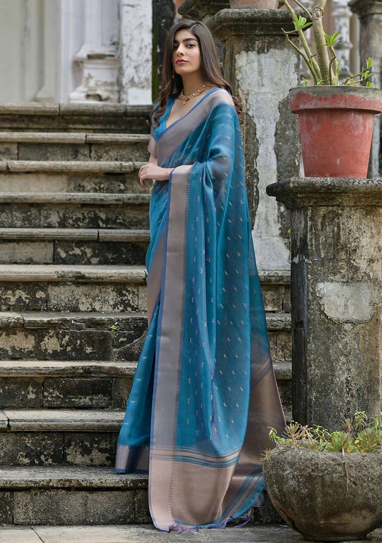 Sky Embroidered Silk Blend Saree Set - Indya