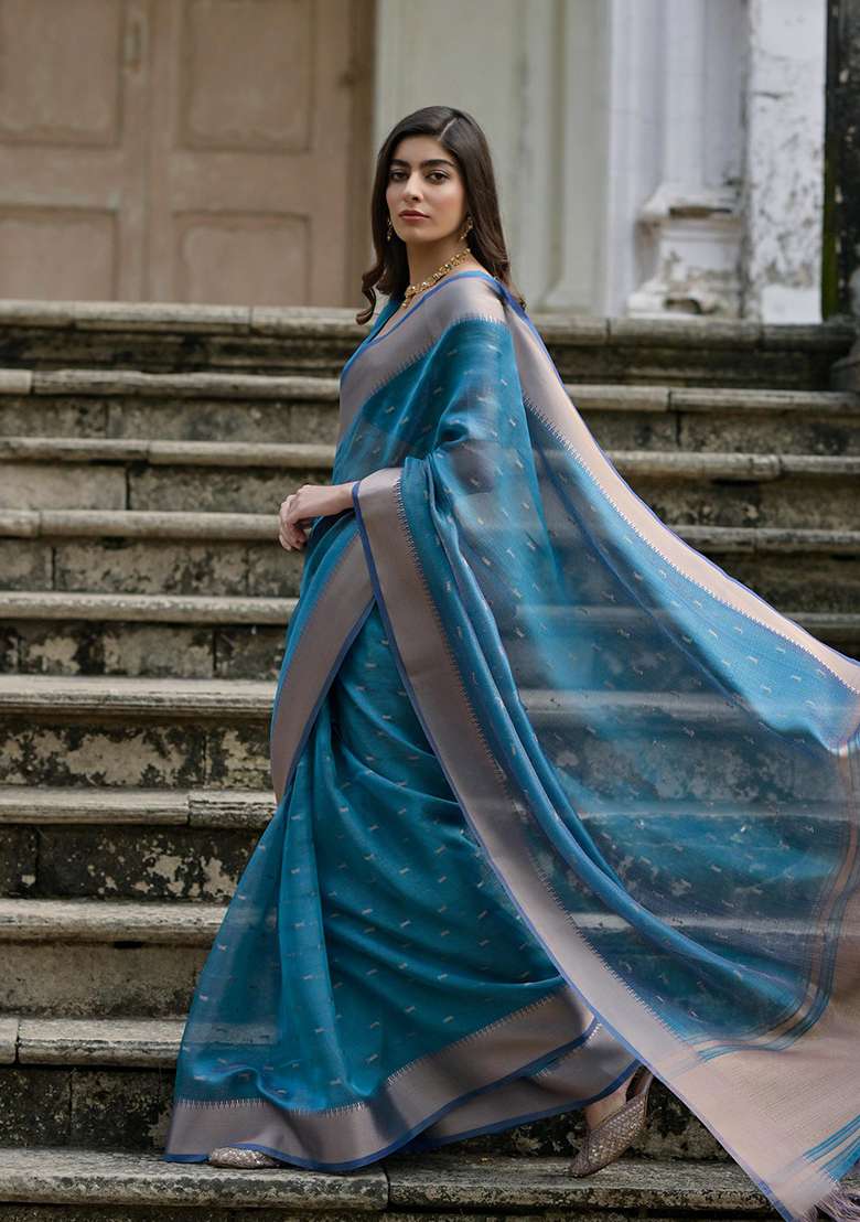 Sky Embroidered Silk Blend Saree Set - Indya