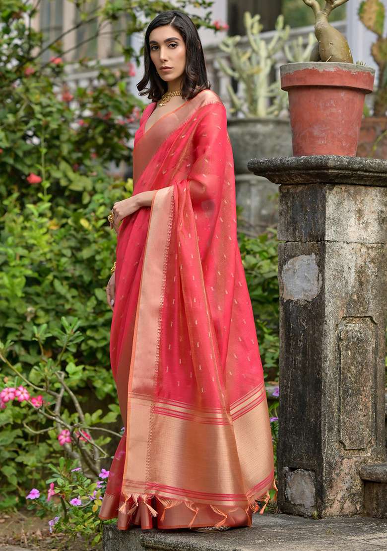 Pink Embroidered Silk Blend Saree Set - Indya