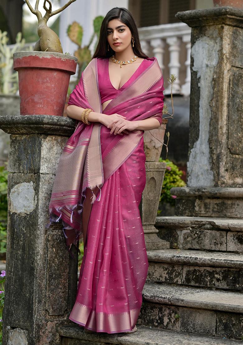 Magenta Embroidered Silk Saree Set