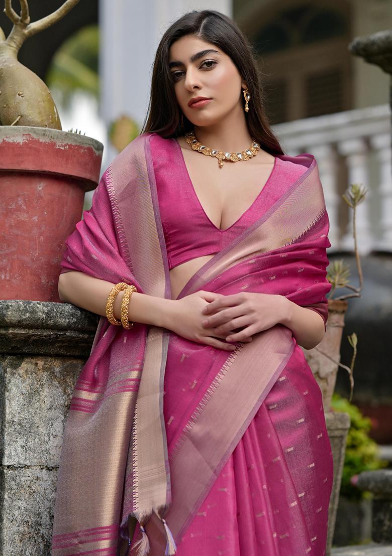 Magenta Embroidered Silk Saree Set