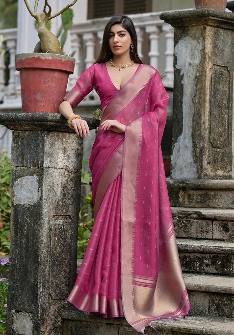 Magenta Embroidered Silk Saree Set