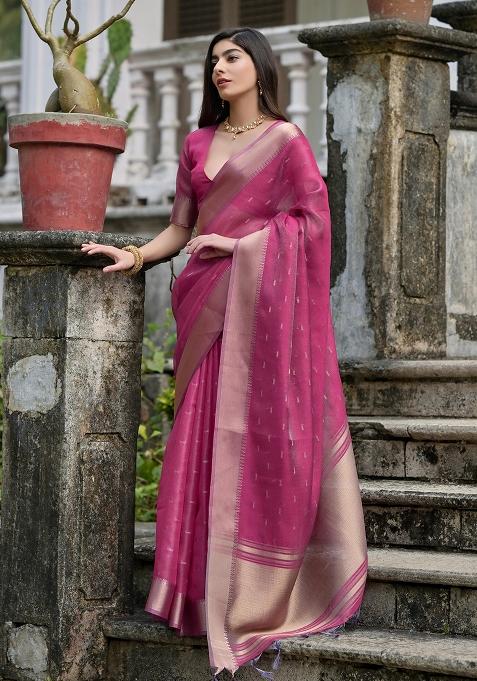 Magenta Embroidered Silk Saree Set