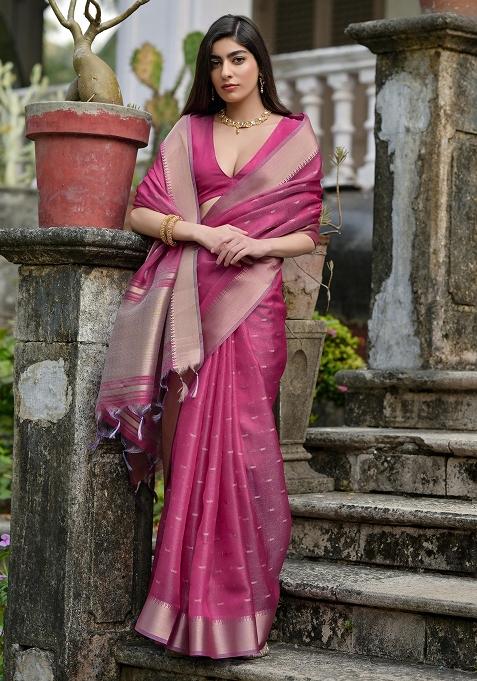 Magenta Embroidered Silk Saree Set