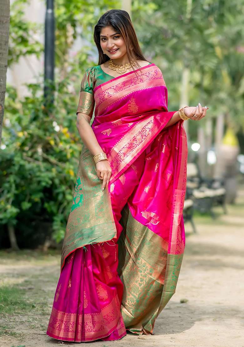 Magenta Embroidered Silk Blend Saree Set - Indya
