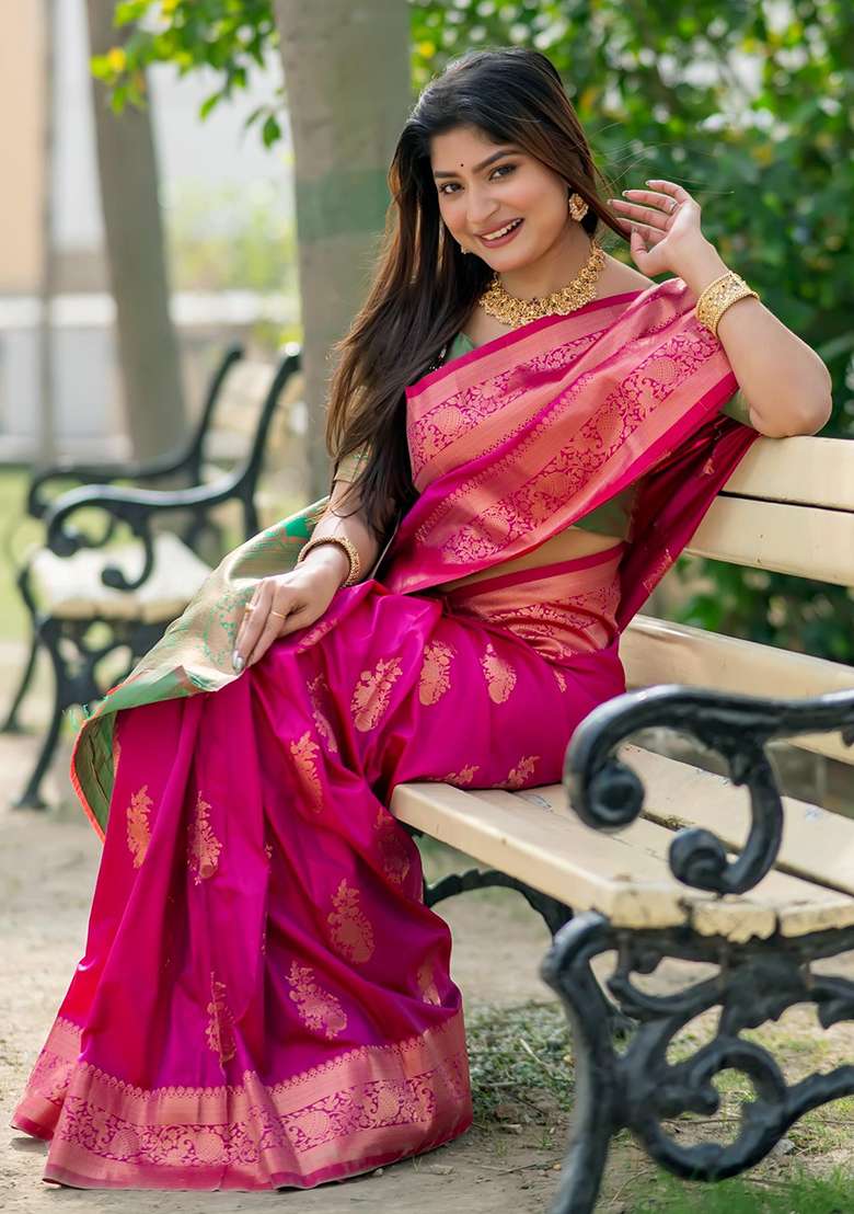 Magenta Embroidered Silk Blend Saree Set - Indya