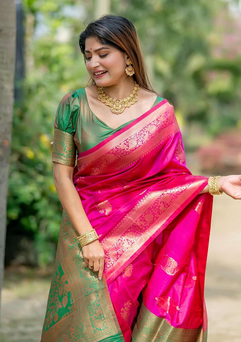 Magenta Embroidered Silk Blend Saree Set - Indya