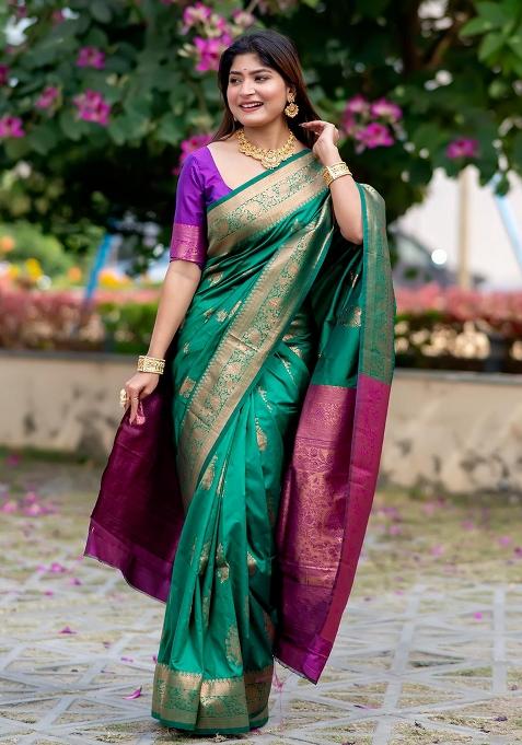 Green Embroidered Silk Saree Set