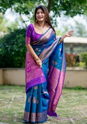 Teal Embroidered Silk Saree Set