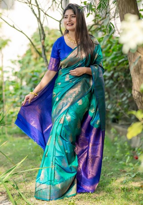 Green Embroidered Silk Saree Set