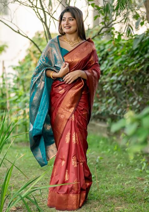 Brown Embroidered Silk Saree Set
