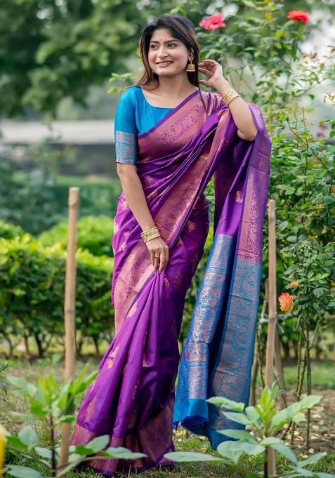 Purple Embroidered Silk Saree Set