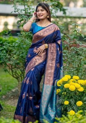 Navy Blue Embroidered Silk Saree Set