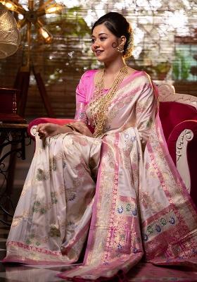 Cream Embroidered Silk Saree Set