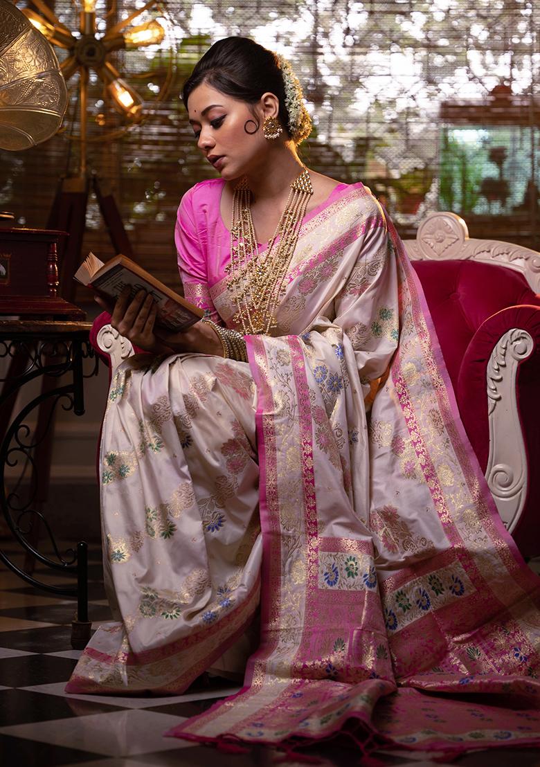 Cream Embroidered Silk Saree Set - Indya