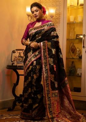 Black Embroidered Silk Saree Set