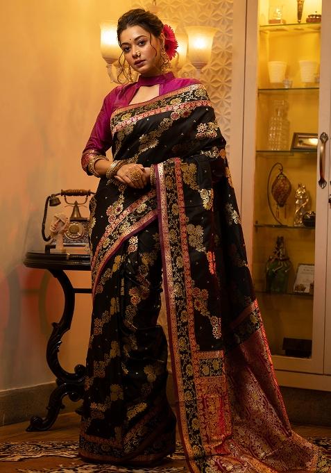 Black Embroidered Silk Saree Set