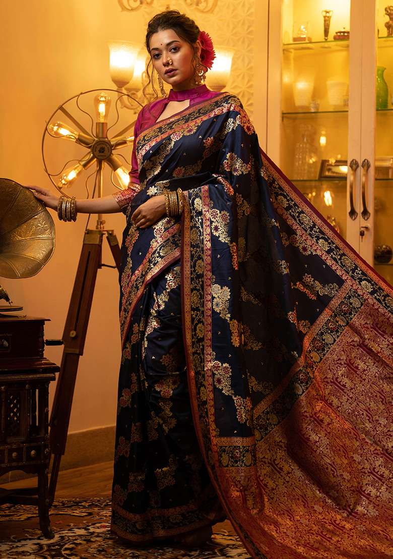 Navy Blue Embroidered Silk Blend Saree Set - Indya