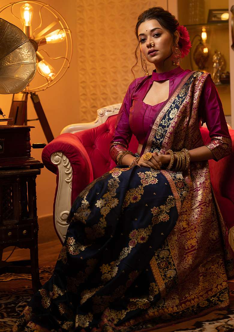 Navy Blue Embroidered Silk Blend Saree Set - Indya
