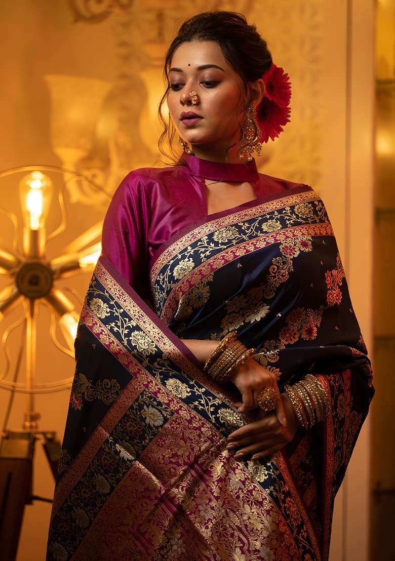 Navy Blue Embroidered Silk Blend Saree Set - Indya