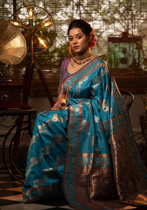 Aqua Embroidered Silk Saree Set