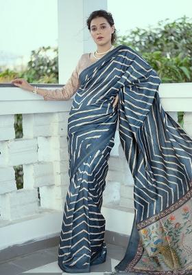 Blue Embroidered Silk Saree Set