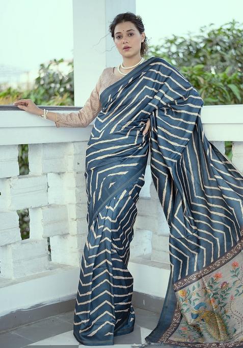 Blue Embroidered Silk Saree Set