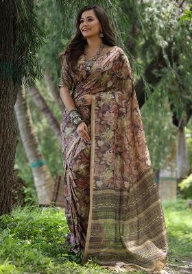 Coffee Embroidered Silk Saree Set