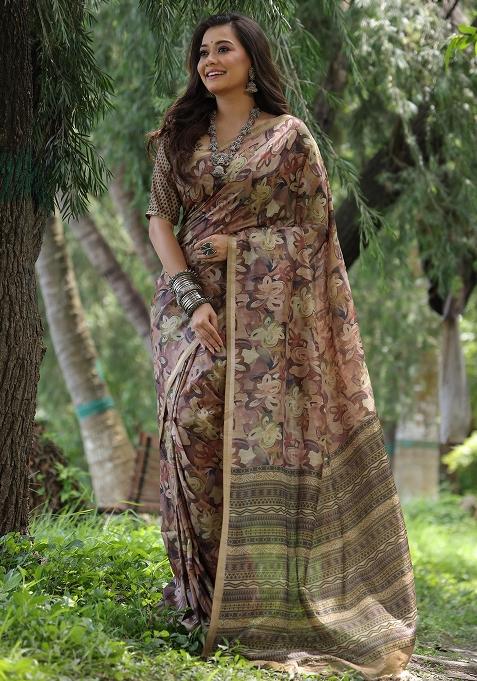 Coffee Embroidered Silk Saree Set